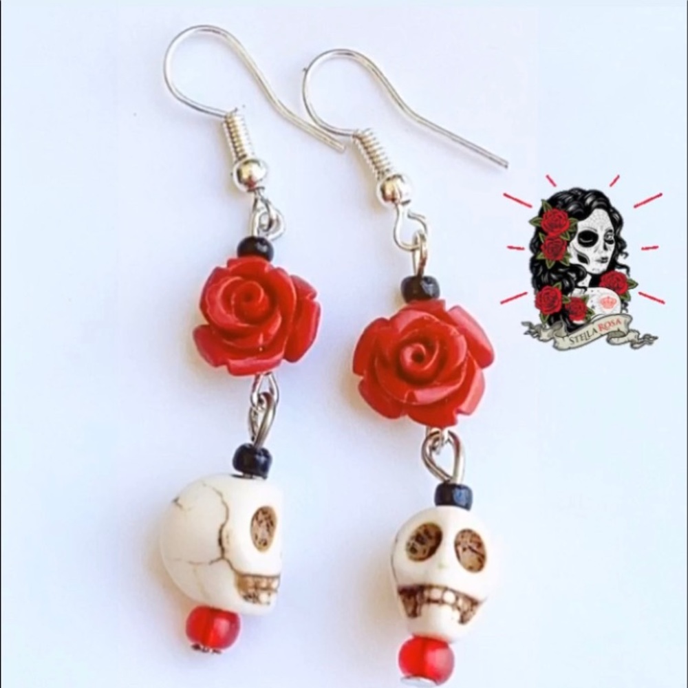 Skull 🌹 Rose delicate Dangling Stud Earrings